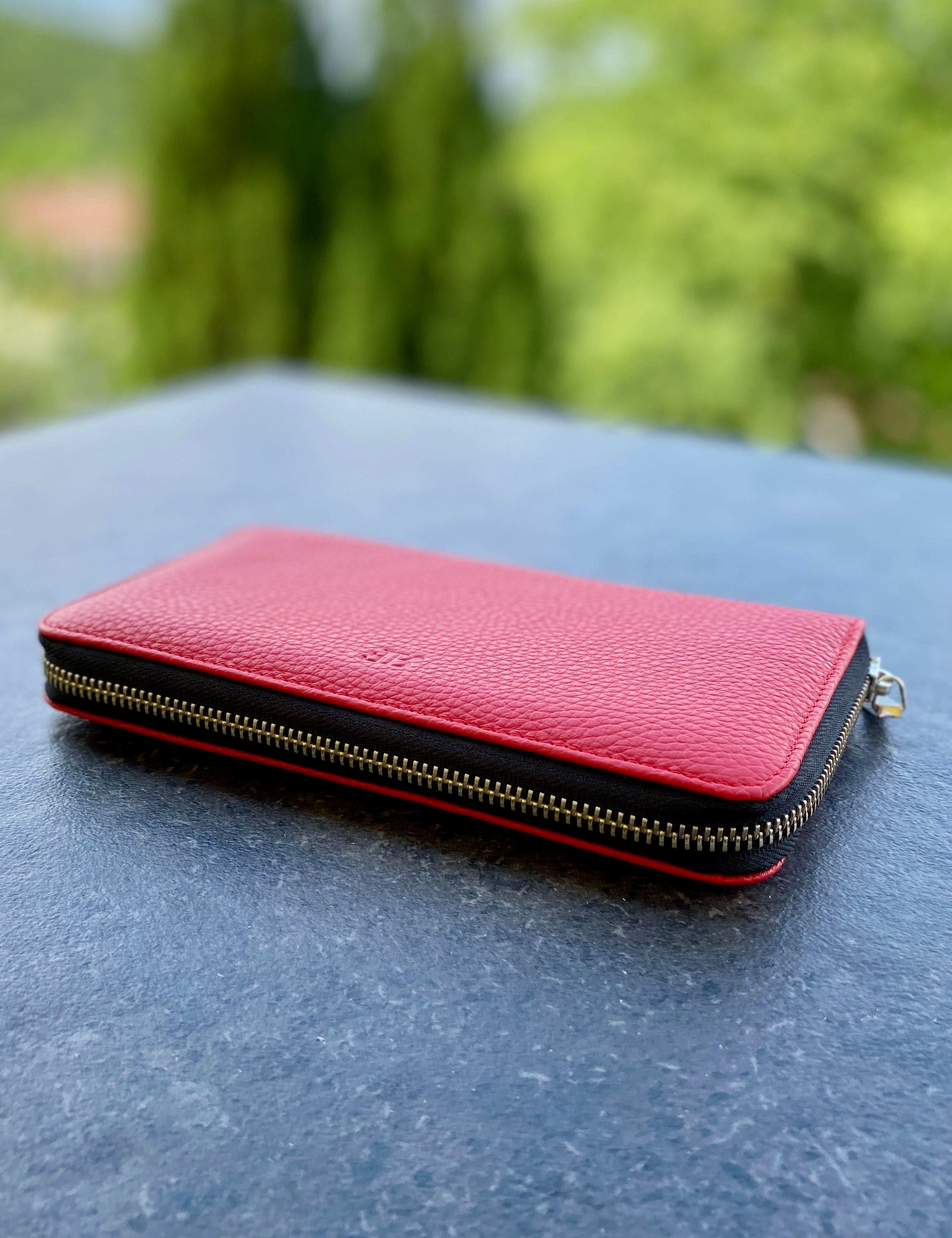 Pink wallet with gold zipper on a dark surface with a blurred green background